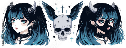 뿔 달린 파란 머리 애니메이션 소녀의 다양한 모습과 날개 달린 해골이 어우러진 다크 판타지 일러스트레이션으로, 신비롭고 고스적인 분위기를 자아내며 그래픽 리소스에 적합합니다.