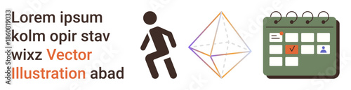 Time management, conceptual thinking, scheduling, personal activity tracking, abstract design, coordination. Human figure, geometric shape and calendar icon. Time management and scheduling symbols
