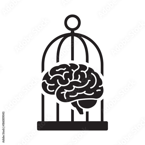 A brain inside a birdcage symbolizing confinement and restricted thought