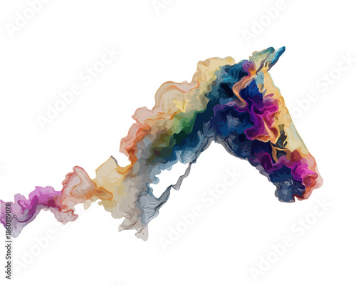 투명하고 다채로운 유체 흐름으로 표현된 추상적인 말 머리 실루엣이 흰색 배경 위에 역동적으로 펼쳐집니다.