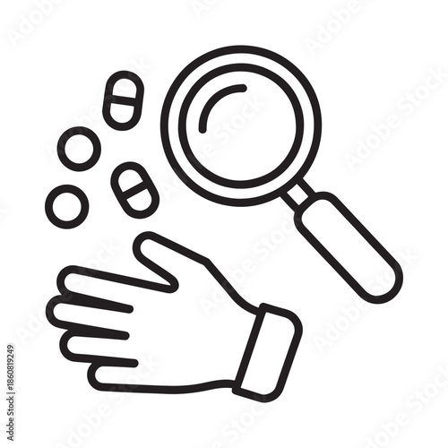 Investigating evidence a hand magnifying glass and scattered pill shapes