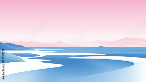Minimalist estuary landscape with pale pink sands and deep blue waters against a backdrop of hazy, layered mountains