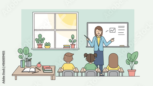 Teacher instructing students in a classroom setting.