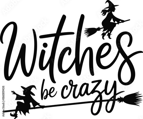 Halloween witches flying on broomsticks in playful crazy scene