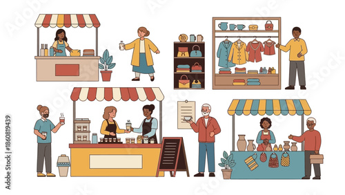 Vendors at Outdoor Market Stalls Selling Goods.