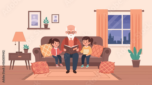 Family Reading Together on Sofa at Home.