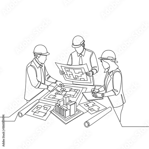 Engineers discussing blueprint architects collaborating on project.