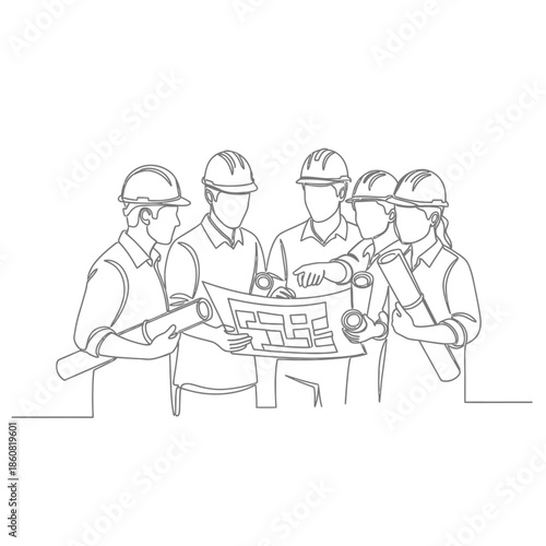 Team of engineers discussing blueprint construction planning.