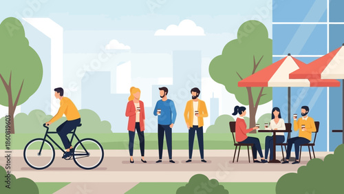 Group of People Standing Outside Cafe.