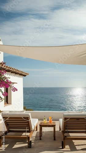 Relaxing Tropical Balcony With Ocean View Loungers And Drinks