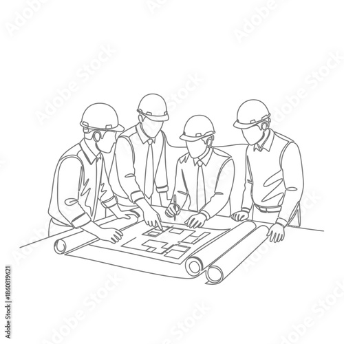 Engineers discussing blueprint team collaboration architects planning project.