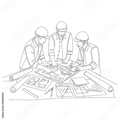 Three architects collaborating on building design project.