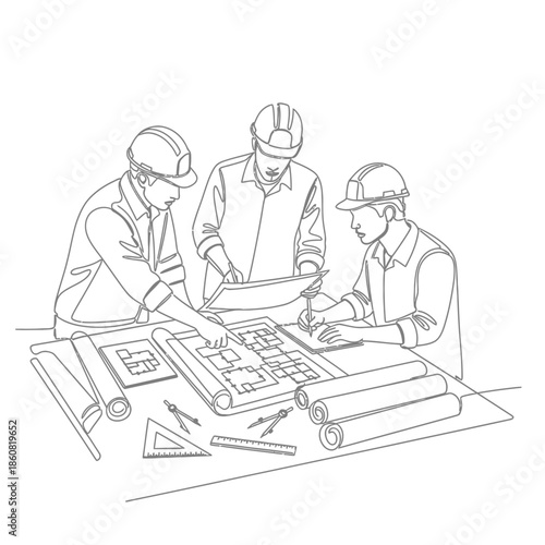 Engineers discussing blueprint team of three construction workers.