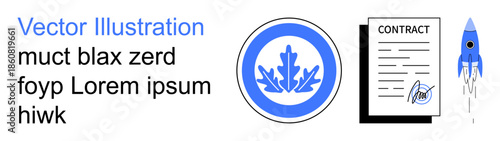 Business management, contract signing, growth, partnership, Canadian , professional agreements. Signed documents, maple leaf emblem blue rocket. Contract signing and growth concept