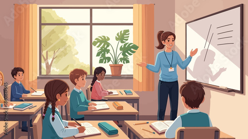 Teacher instructing students in a classroom.