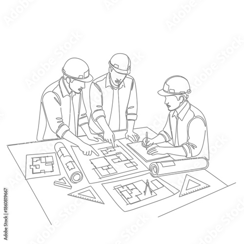 Engineers discussing blueprint architects collaborating on construction project.