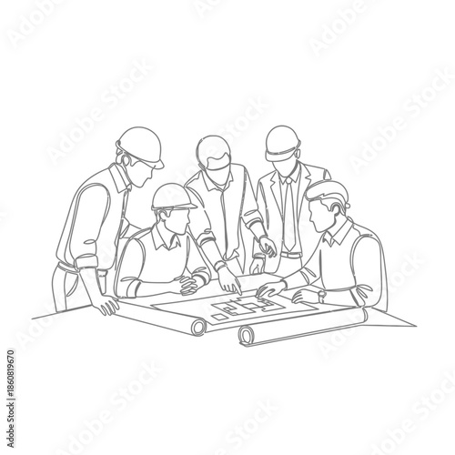 Engineers Discussing Blueprint Project Plan Teamwork.