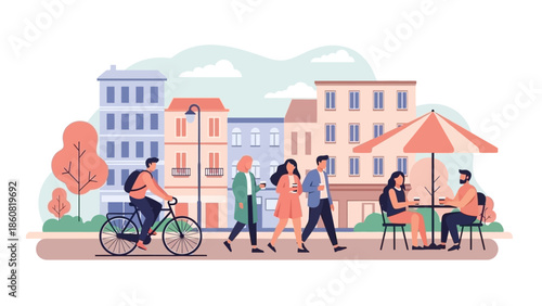 People Walking and Cycling in City Street.