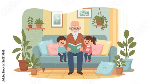 Grandfather Reading to Grandchildren on Sofa.