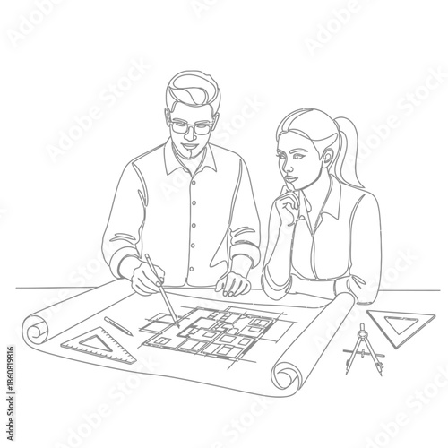 Man and woman examining architectural blueprint together.