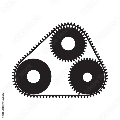 Interlocking gears and a connected drive belt system in black and white