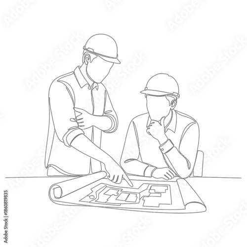 Engineers discussing blueprint architects reviewing plan together.