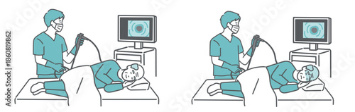 大腸カメラ検査の比較イラスト（高齢男性・鎮静剤あり・なし／無痛・苦痛）