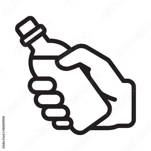 A hand firmly grasping a plastic bottle in a simple line art style