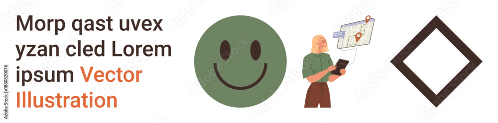 Fototapeta premium Emotional expression, technology mapping, data analysis, navigation, concepts, geometric design. Green happy face, person with map on tablet diamond shape. Emotional expression and technology