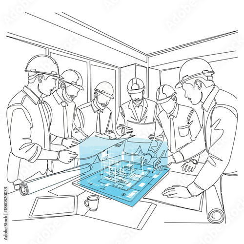 Engineers discussing blueprint in office meeting.