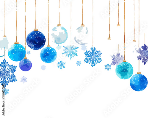 透明感あふれる水彩タッチの青いクリスマスオーナメントと雪の結晶が、白い背景に優雅に吊るされた冬のホリデーシーズンを彩る、コピースペース付きの美しいイラストレーション素材。
