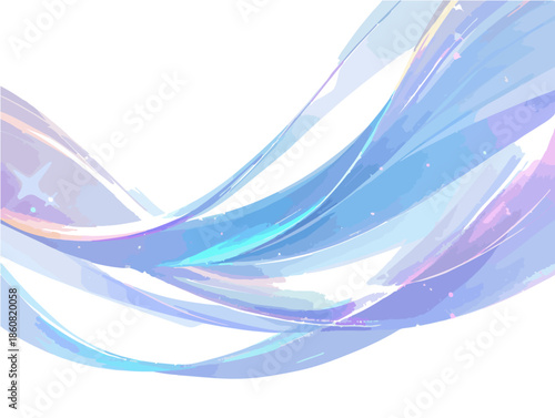 透明感のある青と紫のグラデーションが織りなす、軽やかに流れる曲線が美しい抽象的な背景デザイン素材。未来的なテクノロジーや幻想的な世界観を表現するエレガントなイメージ。