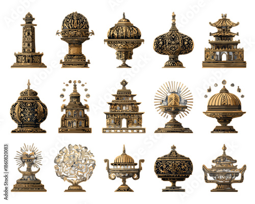 透明な背景に分離された、東洋の伝統的な装飾品や宗教建築のモチーフが複雑な模様で描かれたヴィンテージイラストレーションのコレクション。