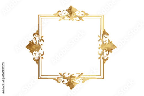 透明な背景に輝く豪華な金色の飾り枠。エレガントなバロック様式のデザインが特徴で、メッセージや写真のためのコピースペースを提供します。