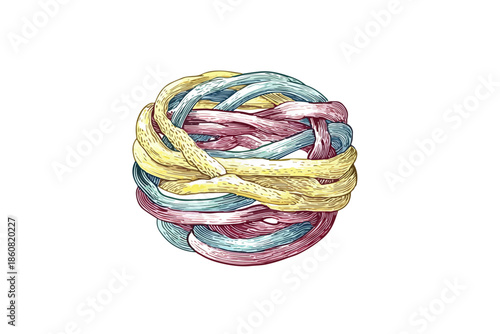 白背景に描かれた、黄色、水色、ピンクの三色の紐が複雑に絡み合い、結び目のような球体を形成している手描きのイラストレーションは、多様な要素の繋がりや複雑な関係性を象徴しています。