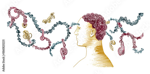 透明な背景に、思考や創造性の流れを象徴する抽象的な装飾と音符のような要素が頭部から湧き出る様子を描いたイラスト。