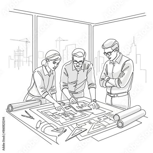 Architects working together on building design plan.