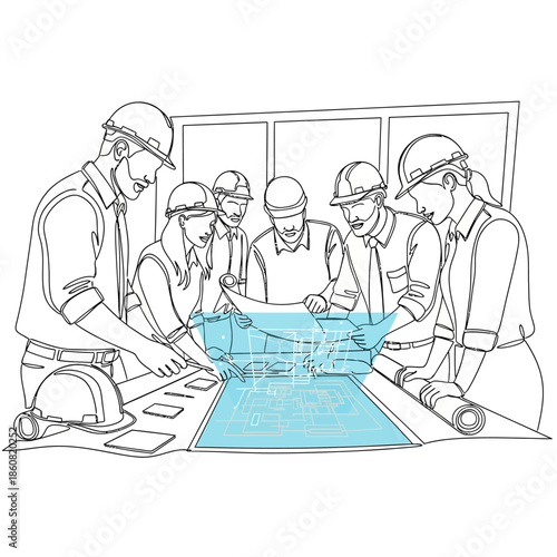 engineers examining blueprint together.