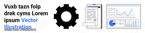 Gear representing process, signed contract for legal and business context, data charts highlighting analytics and strategy. Ideal for management, technology, strategy, analytics, legal, innovation