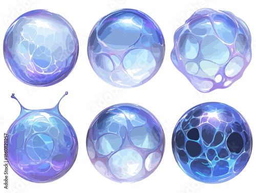 光を反射し、内部構造が透けて見える、青と紫の色彩が幻想的な様々な形状の透明な球体と液体のアートワーク。