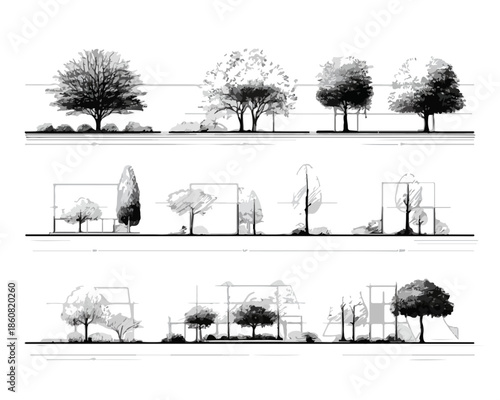 建築パースや都市計画、ランドスケープデザインの文脈で活用できる、様々な樹木や低木の多様なフォルムを透明感のある線画で表現した、詳細かつ実用的なモノクロスケッチイラストレーション集。