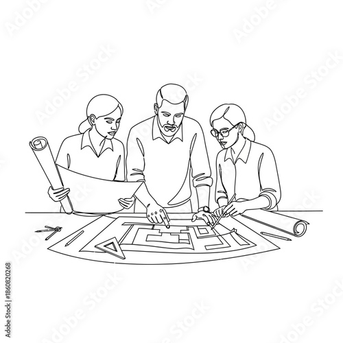 Team of Architects Reviewing Blueprints for Construction Project.