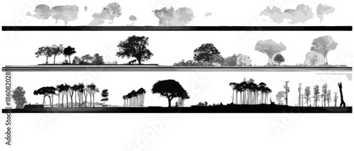 透明な樹木のシルエットが特徴的な、黒白の風景イラストレーション。グラフィックデザインや背景素材に最適な抽象的な自然の景観。