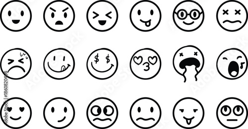 Doodle Emoji face icon set. Hand drawing. funny vector emotions.