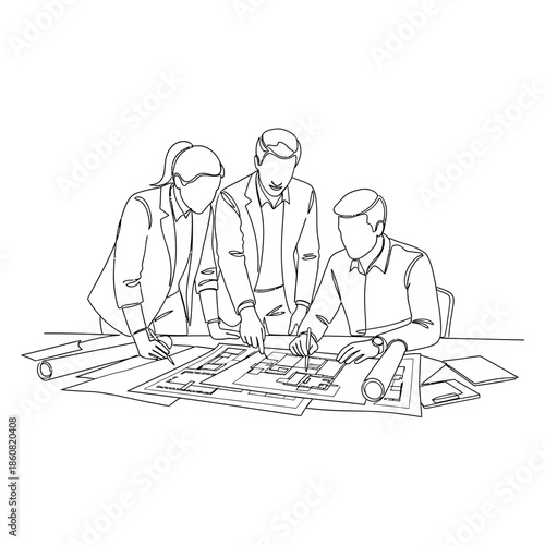 Engineers collaborating on architectural blueprint.