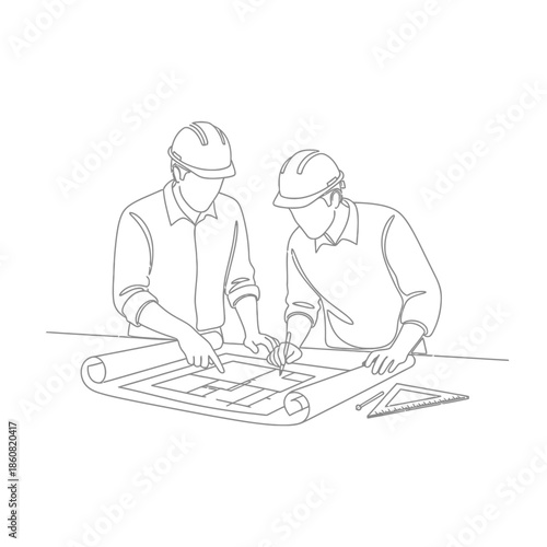 Engineers examining blueprint architects working together on plan.