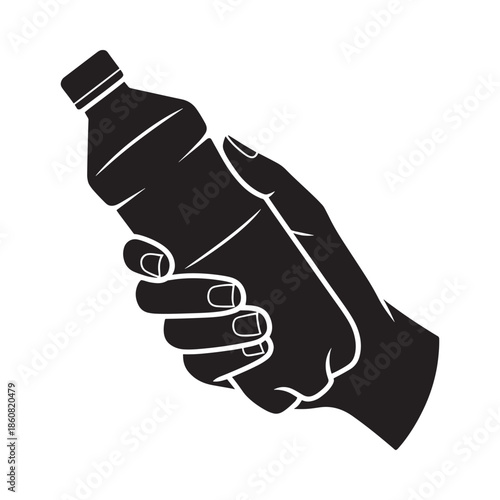 A hand firmly grasping a plastic water bottle in a monochrome style