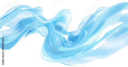 白い背景に、透明感のある水色の流体が優雅に波打つ抽象的なデザイン素材。涼しげで清潔感のあるイメージを表現するウェブや印刷物に適した背景。