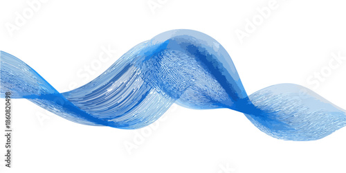 白い背景に優雅に波打つ透明感のある青い布地が、軽やかで流れるような抽象的な美しさを表現しており、デザイン素材として活用できます。