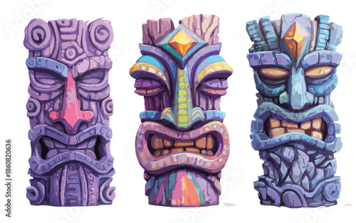 白い背景に並ぶカラフルで神秘的な3体のポリネシア風ティキ像のイラストレーションは、古代の部族文化、ハワイアンの伝統、そしてエキゾチックな南国の雰囲気を表現し、デザイン素材として最適です。